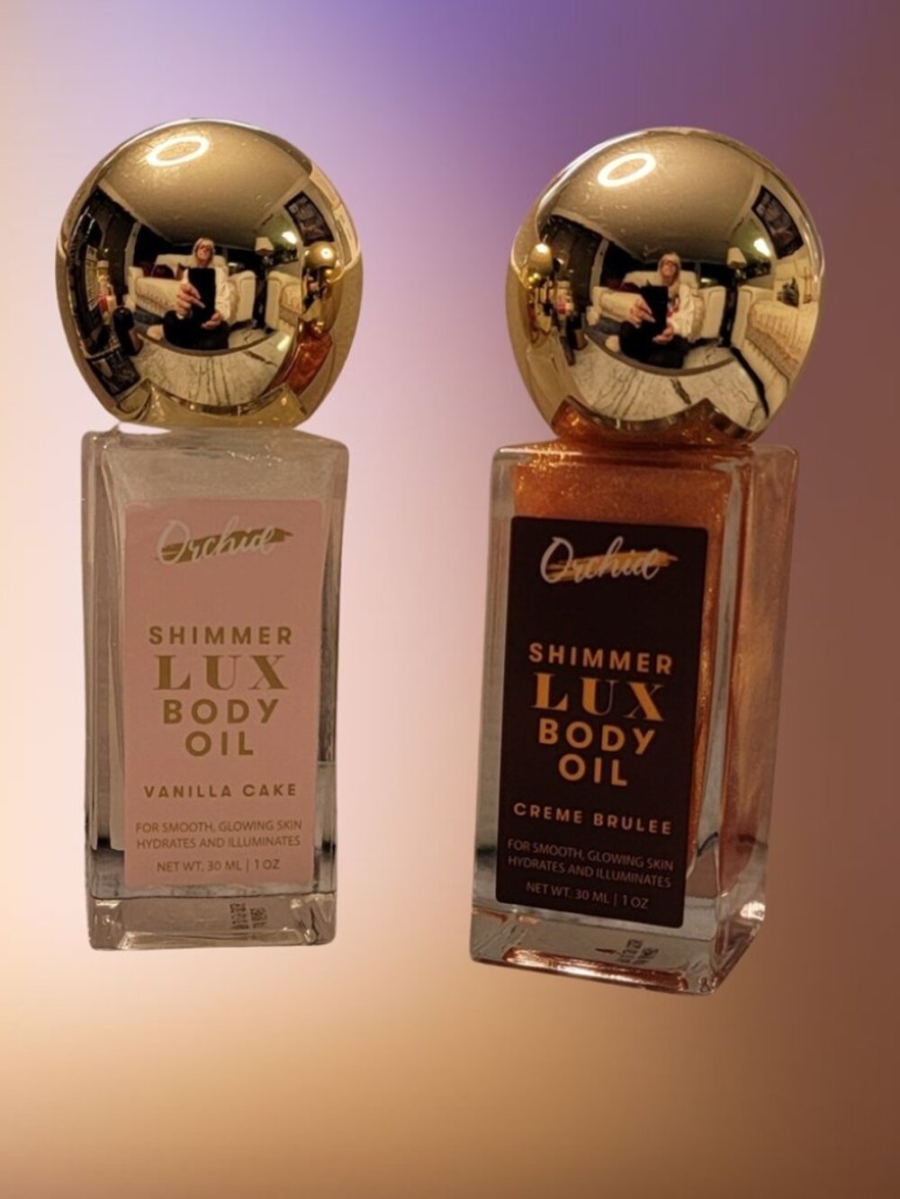 Pair of Orchid Shimmer Lux Body Oils Vanilla Cake and Creme Brulee